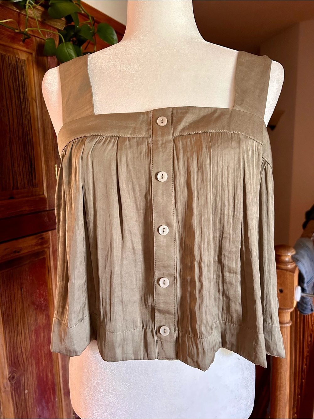 Christian Lacroix Olive-Gray Button  Pleated Camisole